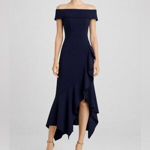 🆕AQUA Navy Off Shoulder Ruffle Midi Dress Size 6,8 Evening Cocktail WeddingGuest